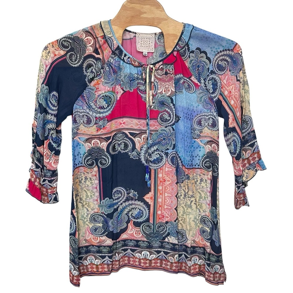 Johnny Was Daria Easy Tunic Large Paisley Patchwork Multicolor 3/4 Sleeve Boho